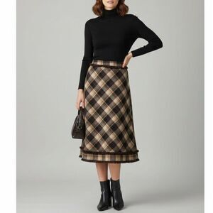 Vintage Plaid A Line Wool Blend Midi Skirt with Fringe Trim Brown/Tan size 10
